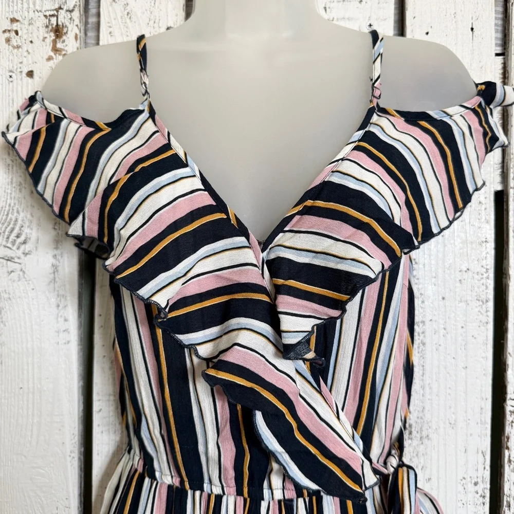 Xhilaration Boho Romper Size XS Pockets Stripes Shoulder Ruffles Wedding Guest